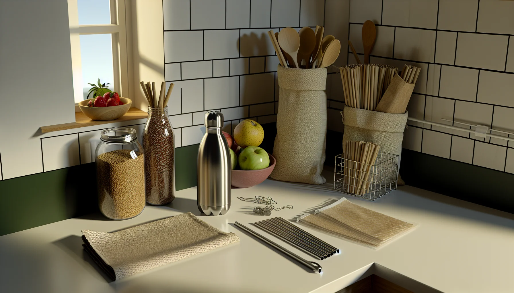 Kuchenny blat z produktami wielorazowymi i naturalnymi materiałami