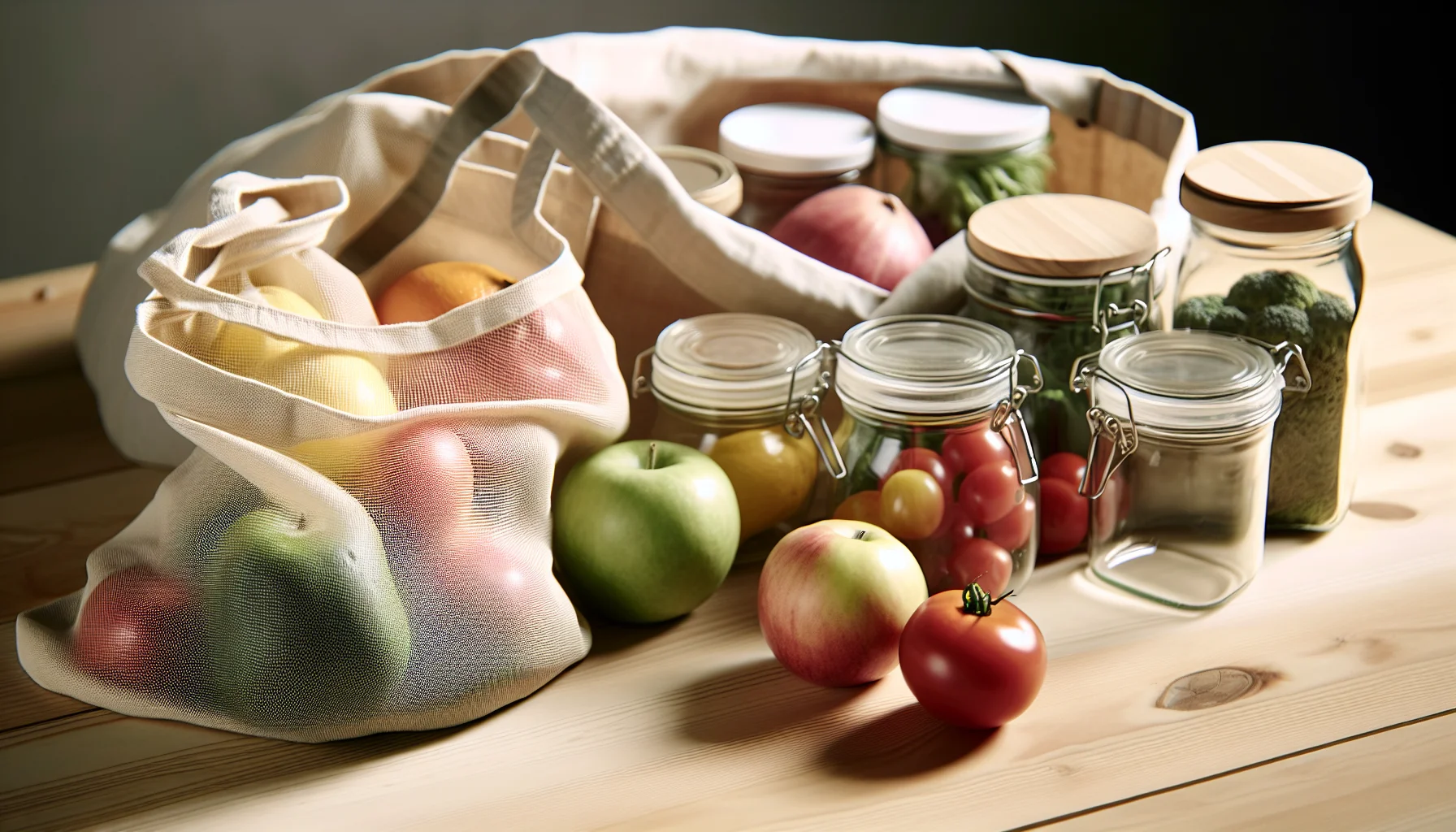 Torby i słoiki wielorazowe na zakupy zero waste z owocami i warzywami